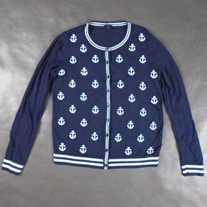 Talbots SP Small Petite Navy Blue Anchor Embroidered Cardigan Sweater Nautical